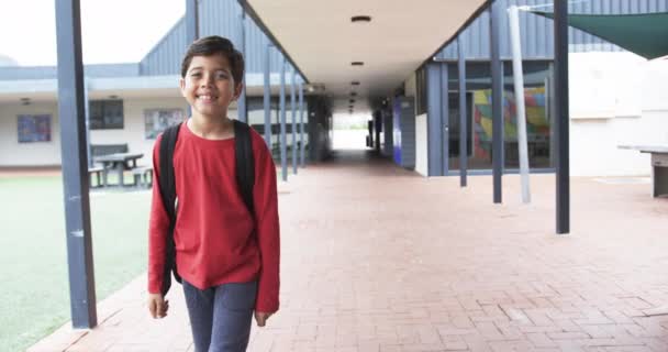 School Corridor Young Caucasian Student Smiles Brightly Copy Space Has Royalty Free Stock Footage