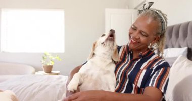 Yaşlı bir Afrikalı Amerikalı kadın köpeğiyle evde sevgi dolu bir an yaşıyor. Gümüş rengi saçları var, sıcak bir şekilde gülümsüyor, ve üzerinde çizgili bir gömlek var, değiştirilmemiş, yavaş çekim, fotokopi alanı ile.