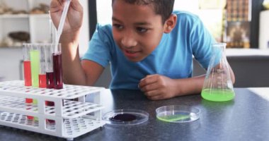 Bir okul ortamında, bir sınıfta, genç bir Afrikalı Amerikalı öğrenci kimya işaretlerini inceliyor. Değişmemiş, merak ve konsantrasyon gösteren renkli bir sıvı deneyine odaklanmış..