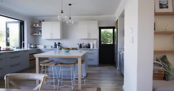 现代化的厨房与舒适的生活区完美地融合在一起 墙壁框架图像增加了个人对空间的触摸 增强了家的氛围 保持不变 动作缓慢 — 图库视频影像