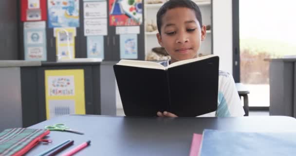 Skolmiljö Ung Afroamerikansk Elev Upptagen Att Läsa Ett Klassrum Omgiven — Stockvideo