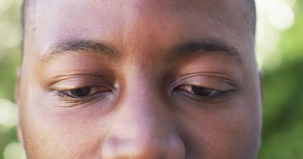 Detailní Záběr Tvář Afroameričana Ukazující Jeho Vřelý Úsměv Oči Hnědé — Stock video