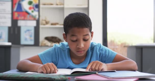 Escola Uma Sala Aula Jovem Estudante Birracial Concentra Leitura Ele — Vídeo de Stock