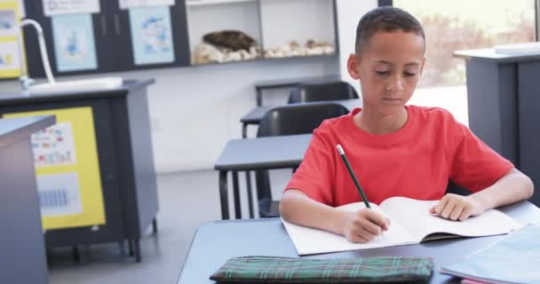 Koulun Luokkahuoneessa Nuori Afroamerikkalainen Opiskelija Keskittyy Kirjoittamiseen Kopiotilaan Hänellä Lyhyet — kuvapankkivideo