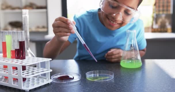 School Laboratory Classroom Young African American Student Conducts Experiment Surrounded — Stock Video