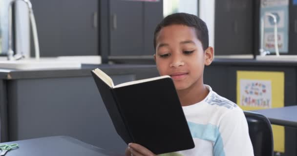 学校では 教室で 若いアフリカ系アメリカ人の学生が本を読んでいます 彼は短い黒い髪 焦点を当てた表現を持っており カジュアルなストライプのシャツを着ています 変更されていない ゆっくりとした動き — ストック動画