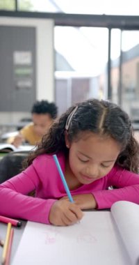 Dikey video: Okulda, açık kahverengi tenli melez bir kız resim çiziyor. Kıvırcık siyah saçları var, parlak pembe bir bluzu var ve elinde mavi bir kalem var.
