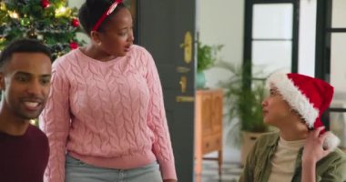 Çeşitli arkadaşlar gülerek ve Noel 'i evde süslü bir ağaçla kutlayarak geçiriyorlar. Kutlama, dostluk, tatil, mevsimlik, şenlikli, toplanma