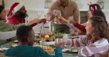 Çeşitli aileler Noel 'i evde kutluyor, şampanyayla kadeh kaldırıyor ve neşeyle gülümsüyor, fotokopi çekiyor. Tatil, kutlama, çeşitli aile toplantıları, birliktelik, şenlik, tezahürat