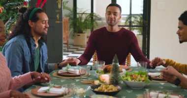 Noel 'de, çeşitli genç arkadaşlar bayram yemeğinin tadını çıkarıyor, gülümsüyor ve masada el ele tutuşuyorlar. Kutlama, dostluk, yemek, birliktelik, toplanma, mutluluk