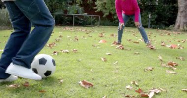 Mutlu Afro-Amerikan anne ve oğlu. Futbol oynayıp bahçede kucaklaşıyorlar. Ağır çekimde. Annelik, çocukluk, birliktelik, eğlence, sonbahar ve eğlence, değişmemiş.
