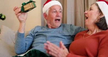 Noel Baba şapkası takan yaşlı çift evde Noel hediyesi alışverişinin keyfini çıkarıyor. Kutlama, tatil, şenlik, yaşlılık, hediye verme, mevsimlik