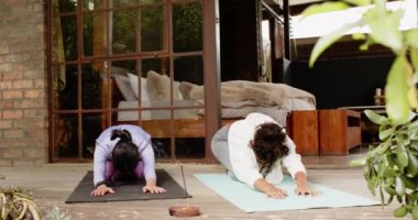 Verandada yoga yapan, tütsü ve yeşillikle rahatlayan çok ırklı kadın arkadaşlar. Meditasyon, rahatlama, sağIık, farkındalık, verandada, egzersiz