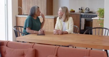 Kahvenin tadını çıkarıyorum, iki tane çok ırklı son sınıf bayan arkadaş masada ve mutfakta sohbet ediyorlar, evde. Son sınıflar, sohbet, arkadaşlık, rahatlama, arkadaşlık, keyif