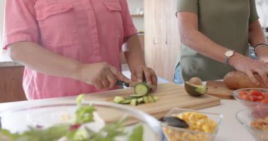 Ekmek ve sebze kesme, çok ırklı son sınıf bayan arkadaşları, mutfakta ve evde sağlıklı yemekler. Yemek pişirme, takım çalışması, beslenme, doğrama, sağlıklı yaşam tarzı, aşçılık