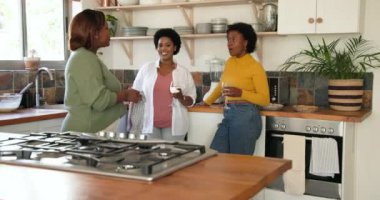 Mutfakta, arkadaşlar gülüyor, sohbet ediyor, içki içiyor ve birlikte eğleniyorlar. Arkadaşlık, sosyalleşme, toplanma, mutluluk, kutlama, içecekler.