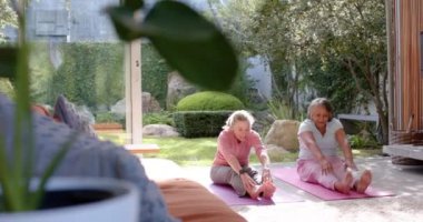 Yoga minderleri üzerinde esnemek, çok ırklı kadın arkadaşların bahçede birlikte egzersiz yapması. Egzersiz, fitness, refah, açık hava, olgun, grup