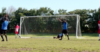 Sahada futbol oynuyor, mavi ve kırmızı formalı takımlar aktif olarak yarışıyor. rekabet, spor, takım çalışması, atletizm, açık hava, maç