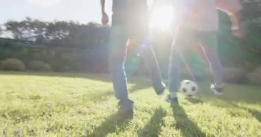 Çimlerin üzerinde futbol oynamak, Hintli baba ve oğlu birlikte dışarıda eğlenmek. Babalık, bağlılık, açık hava, aile, eğlence, takım çalışması