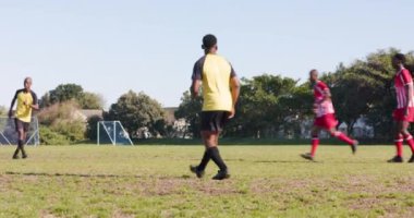 Futbol oynuyor, çimenlik alanda kale direğinin yanında iki adam dövüşüyor. futbol, spor, takım çalışması, rekabet, egzersiz, eğlence