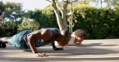 Açık havada egzersiz yaparken, iki çok ırklı erkek arkadaş tahta güvertede şınav çekiyorlar, antrenmanların tadını çıkarıyorlar. Fitness, egzersiz, eğitim, sağlık, güç, motivasyon