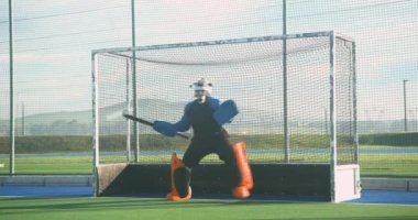 Çim hokeyi oynuyor, kaleci koruyucu giysisiyle sahada kale direğini koruyor. Spor, aksiyon, rekabet, takım çalışması, atletik, açık hava