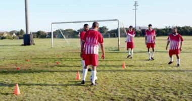 Futbol oynamak, sahada koni ve kale direğiyle antrenman yapmak. Spor, takım çalışması, antrenman, antrenman, sporcular, açık hava