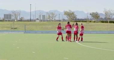 Bayan hokey oyuncuları kaleciyle dışarıda gol atmayı kutluyorlar. Spor, takım çalışması, çim hokeyi, kutlama, yarışma, sporcular
