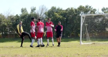 Futbol oynuyor, kaleciyle sahada gol kutluyor. Futbol, kutlama, takım çalışması, rekabet, sportmenlik, zafer