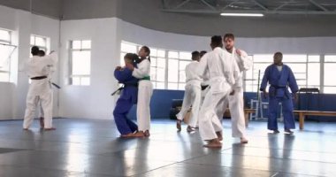Judo antrenmanı, eğitim salonunda dövüş sanatları üniforması giyen bir grup öğrenci. dojo, kendini savunma, spor, takım çalışması, disiplin, fitness