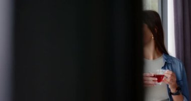 Bitki çayı içmek, kadın rahat bir ev ortamında pencere kenarında rahatlamak, fotokopi çekmek. Rahatlama, sağIık, huzur, konfor, yaşam tarzı, huzur