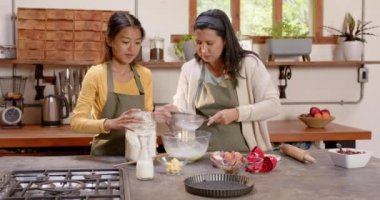 Samimi bir mutfakta, çok kültürlü genç bir kadın ve büyükannesi evde birlikte yemek pişiriyor. aile, tatil, gelenek, yemek pişirme, şenlik