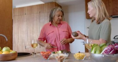 Yemek hazırlamak, çok ırklı kadın arkadaşlar sohbet etmek ve evde şarap içmek. Aşçılık, arkadaşlık, birliktelik, aşçılık, rahatlama, kutlama