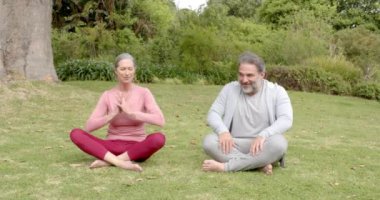 Olgun çift dışarıda yoga yapıyor, doğada barışçıl egzersizlerin tadını çıkarıyor. Sağlık, meditasyon, fitness, yaşam tarzı, rahatlama, uyum