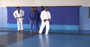 Judo çalışıyorum, atlet dojo 'da mavi hasırda rol yapıyor. Dövüş sanatları, spor, eğitim, pratik