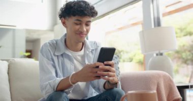 Akıllı telefon kullanıyor, genç çocuk koltukta oturuyor ve evde gülümsüyor. Teknoloji, kapalı alan, yaşam tarzı, boş zaman, iletişim, rahatlama