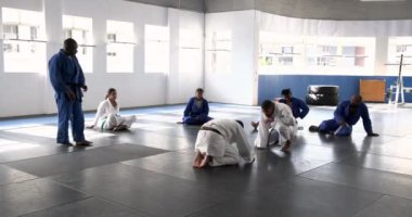 Judo antrenmanı, dövüş sanatları okulunda paspaslar üzerinde antrenman yapan sporcular. dövüş, spor, disiplin, rekabet