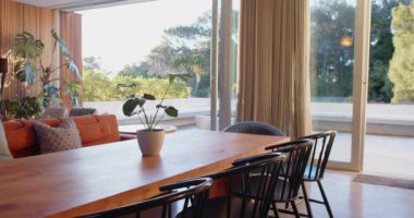 Ahşap masa ve saksı bitkisi olan modern yemek odası, arka planda büyük pencereler, kopyalama alanı. İç mekan, çağdaş mobilya, dekor, ev, minimalist