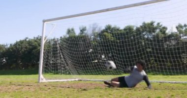 Futbol oynuyor, gündüz maçında sahada gol kutluyor. Takım çalışması, kutlama, zafer, spor, oyun, açık hava