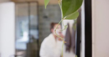 Yüz maskesi takmak, bornozlu bir kadının evde tedavi görmesi. Rahatlama, cilt bakımı, sağIık, kendine bakım, şımartma, güzellik.