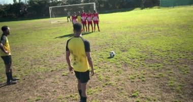 Futbol oynuyor, takım maç boyunca çimenli sahada serbest atışa hazırlanıyor. Spor, takım çalışması, yarışma, açık hava, sporcular, oyun