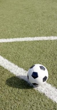 Dikey video: Yeşil sahada dinlenen futbol topu, açık hava sporlarına hazır. futbol, çim, takım, yarışma, maç, eğlence