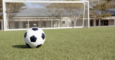 Kalenin önündeki çimlerde futbol topu, antrenman ya da maça hazır, kopyalama alanı. Spor, futbol, kale direği, antrenman, rekabet, eğlence