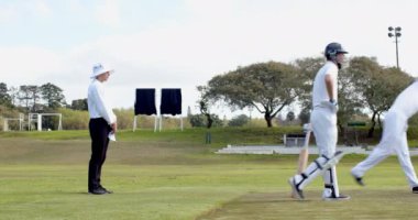 Kriket oynuyor, takım maç sırasında sahada başarılı bir kale kutluyor. Spor, takım çalışması, kutlama, zafer, coşku, açık hava