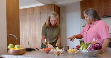 Yemek hazırlamak, iki çok ırklı bayan arkadaşın mutfakta taze sebzelerle sohbet etmesi, evde. Yemek pişirme, arkadaşlık, sağlıklı beslenme, yaşam tarzı, yerli, yaşlı