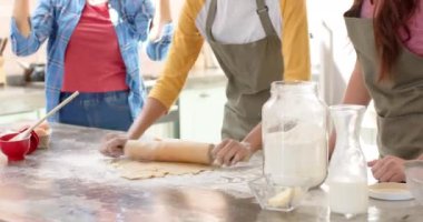 Birlikte yemek pişirmek, kadın arkadaşlar mutfakta bayram ziyafeti hazırlamak, eğlenmek. Yemek pişirme, kutlama, arkadaşlık, aşçılık, hazırlık, ev yapımı