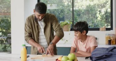 Sandviç hazırlamak, Hintli baba ve oğulun mutfakta sırt çantası ve meyve ile kaynaşması. Aile, yemek pişirme, ebeveynlik, birliktelik, yemek hazırlığı, aile hayatı.