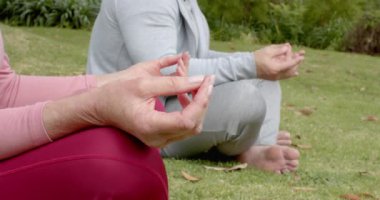 Olgun bir çift dışarıda meditasyon yapıyor, huzurlu bahçe ortamında farkındalık yapıyor. Meditasyon, rahatlama, refah, sükunet, doğa, zen