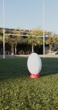 Dikey video: Rugby topu açık hava sahasında tekmeye hazır. Spor, açık hava, atletizm, rekabet, oyun, çimen