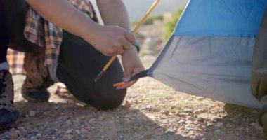 Çadır kurmak, dağ yürüyüşü sırasında çadır direğini güvene almak. Yürüyüş, açık hava, macera, doğa, seyahat, vahşi doğa.